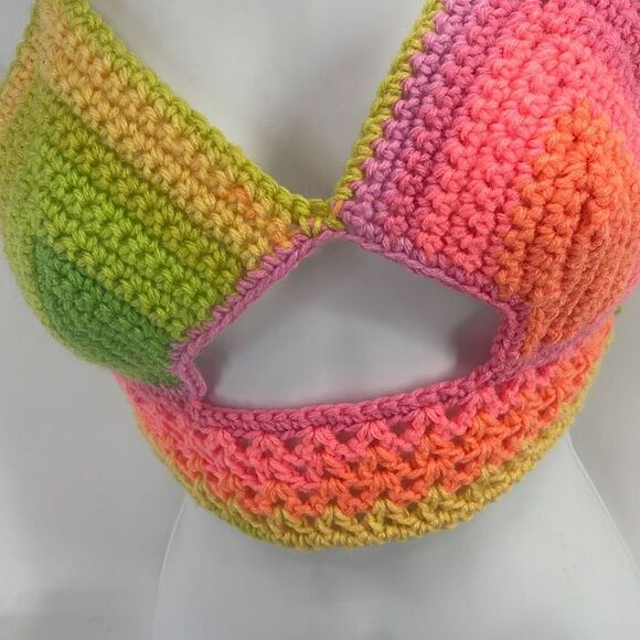 Handmade peek-a-boo crochet rainbow neon halter top crop open knit - Picture 3 of 11